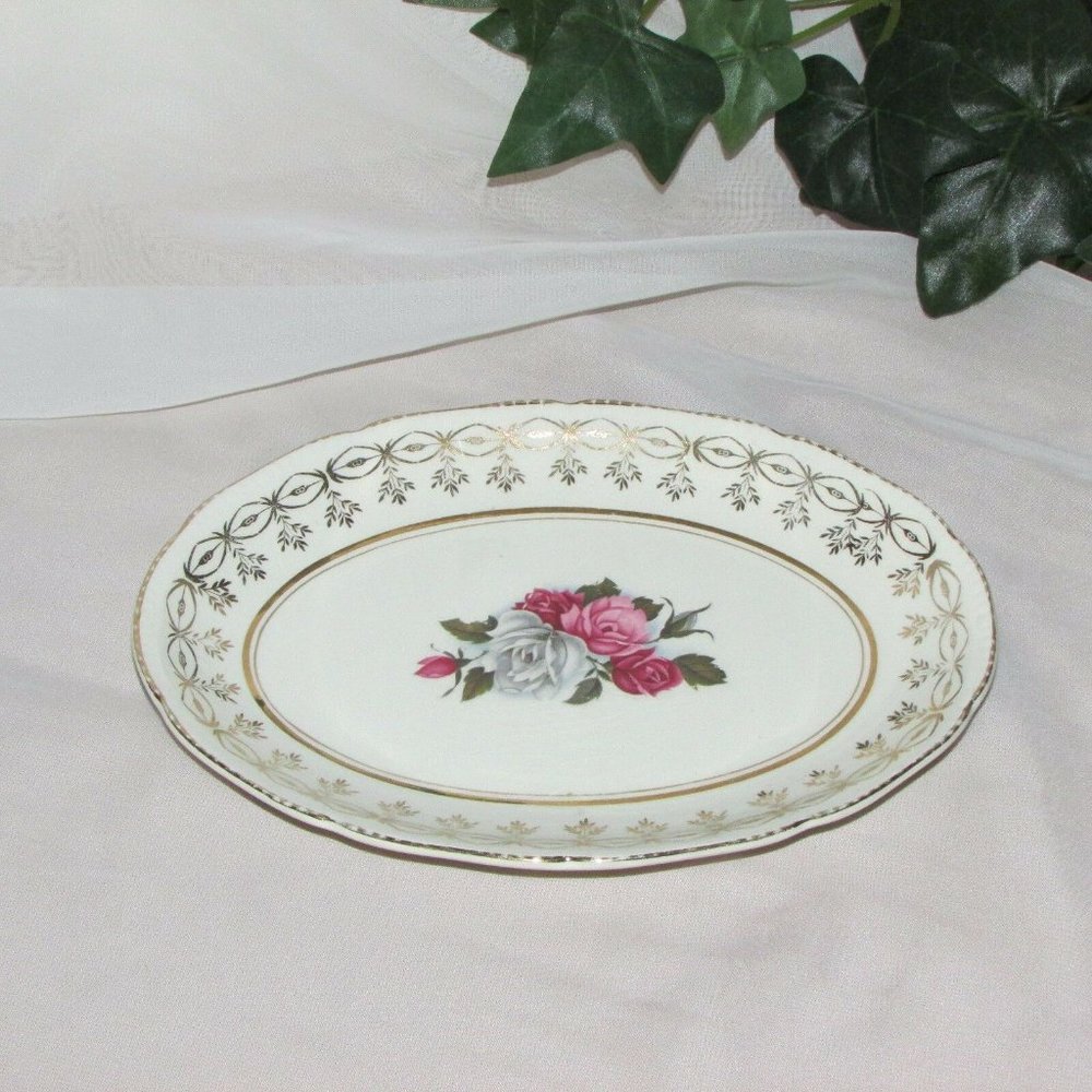 Vintage Oval Dish Pink Rose Paris Staffordshire England Relish Plate Cottagecore